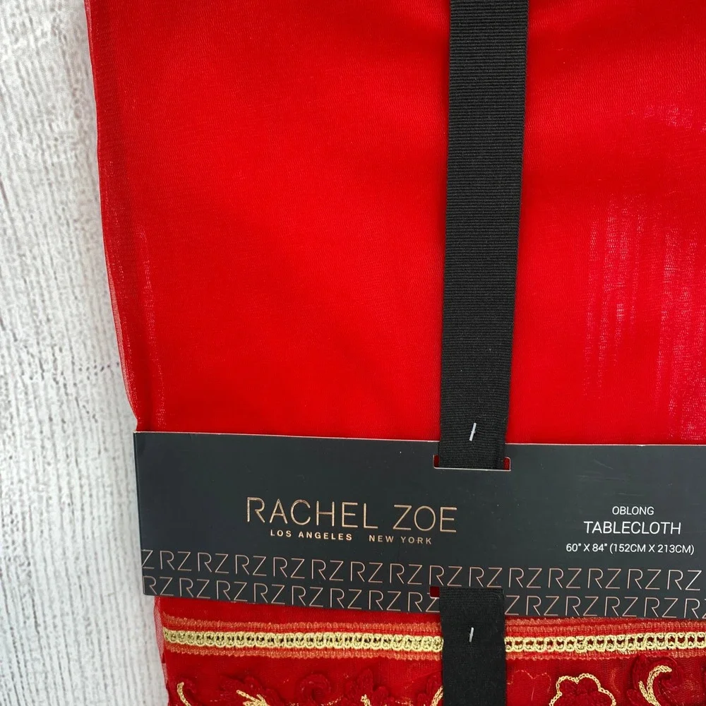 Rachel Zoe Tablecloth 60x84 Red Gold Floral Embroidered Oblong Sheer Luxury